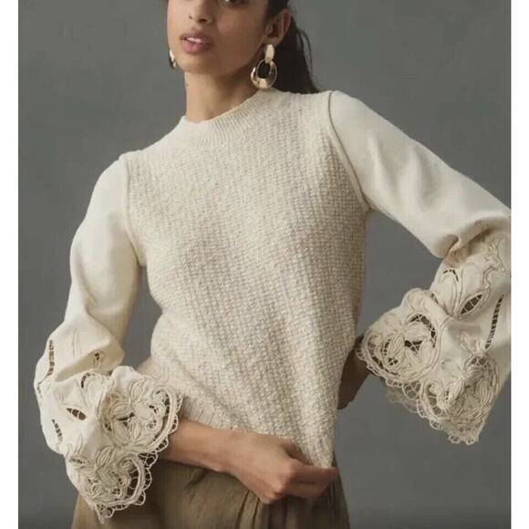 Anthropologie Textured Eyelet Twofer Sweater Vest Top Embroidered Beige Sz M - Picture 3 of 16